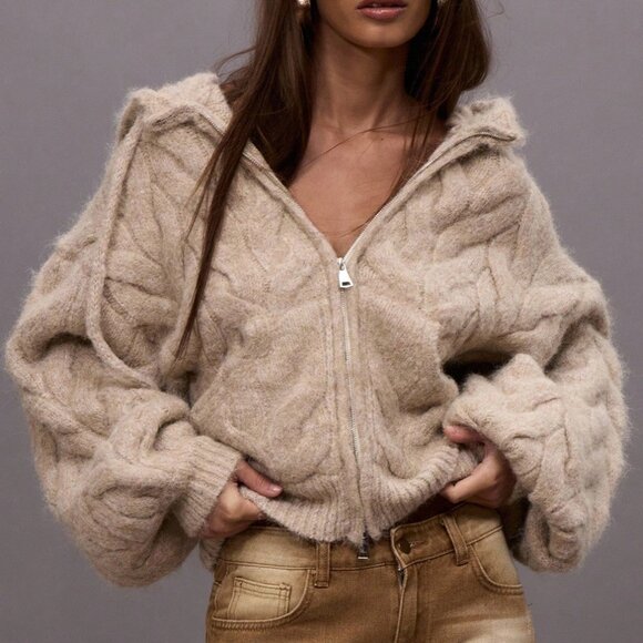 MODA ME COUTURE Sweaters - Khaki Casual Women's Chunky Oversized Hooded Cable Knit Sweater